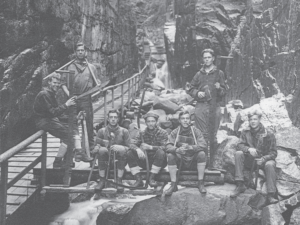 AMC trail crew at NH's iconic Flume Gorge in 1924.