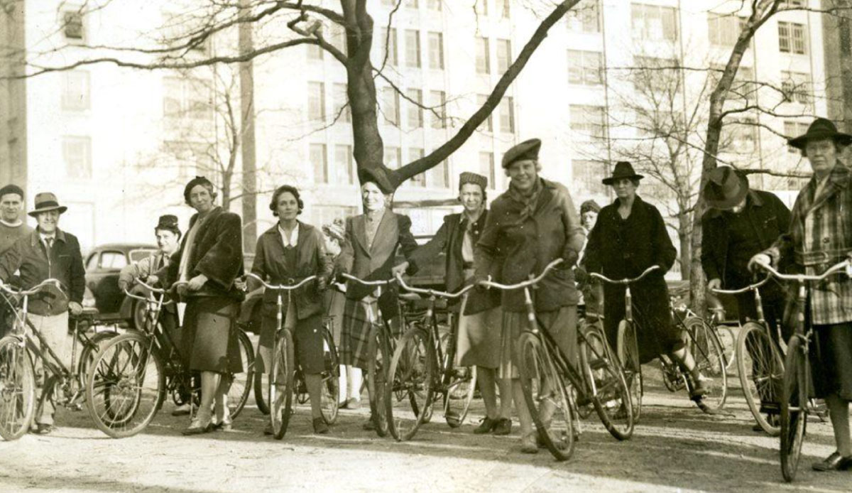 Cyclists in Boston in the 1940s