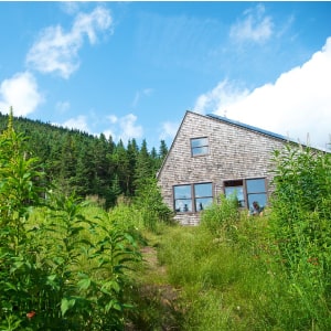 View of Mizpah Spring Hut on a summer day