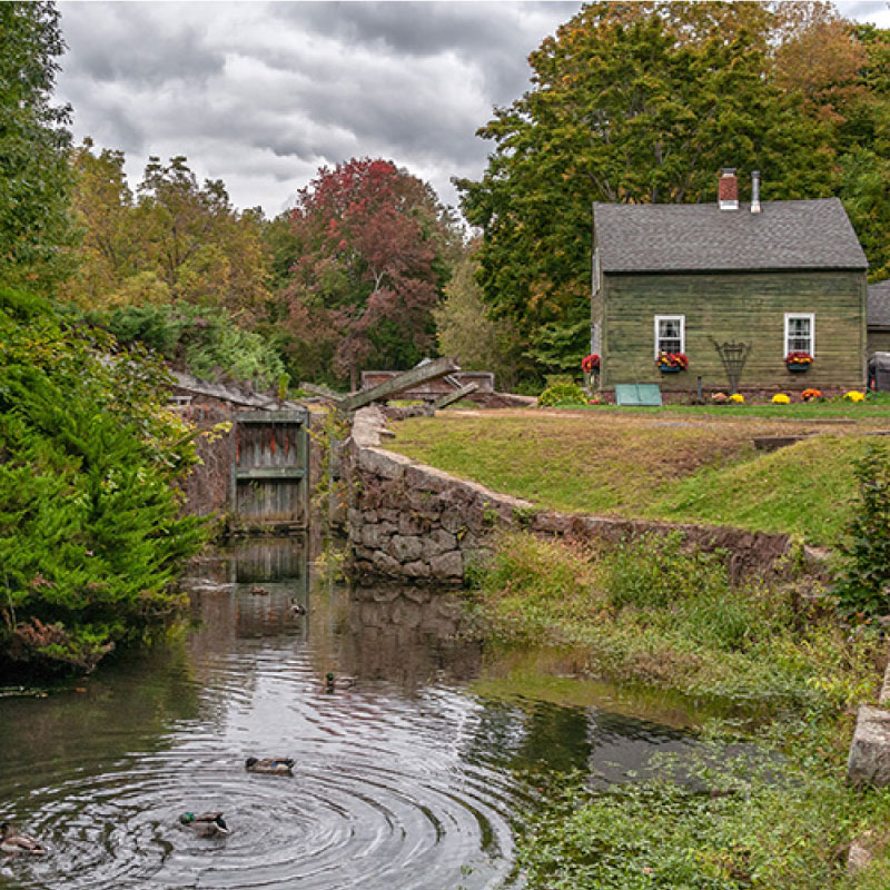 Farm house at pond edge