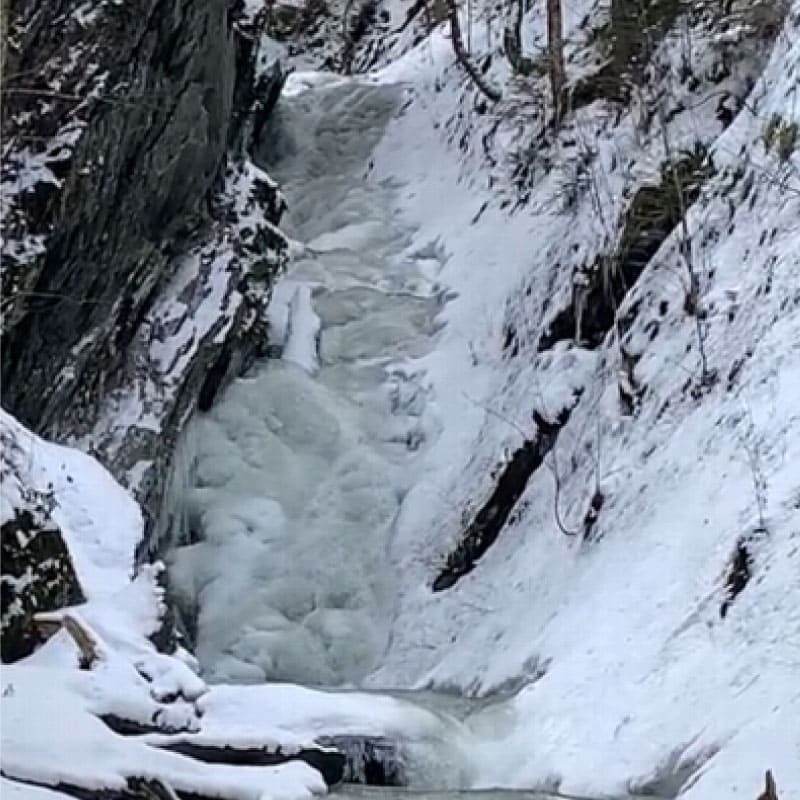Ice-covered Tannery Falls in winter