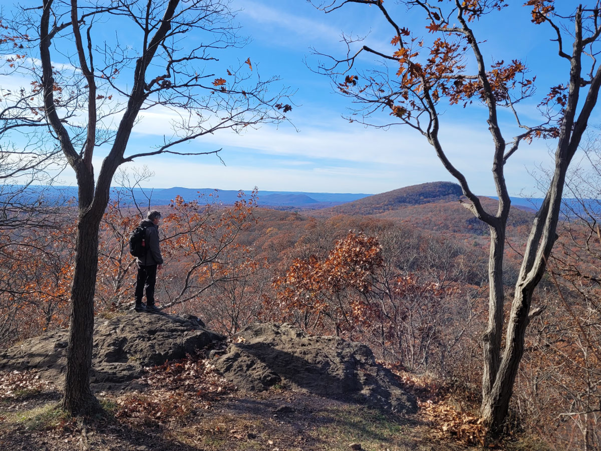 Hiker overlooking a mountain vista in fall