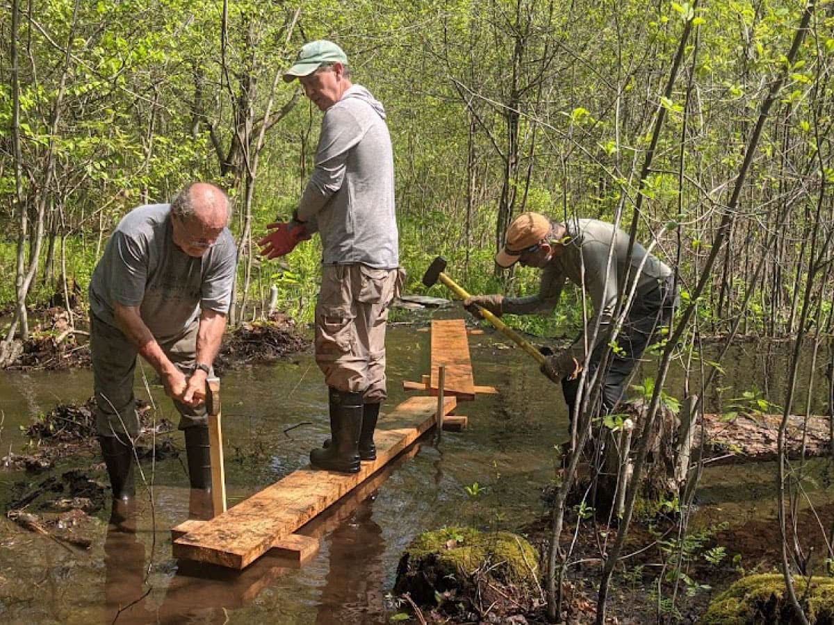 Workers repairing a bog bridge