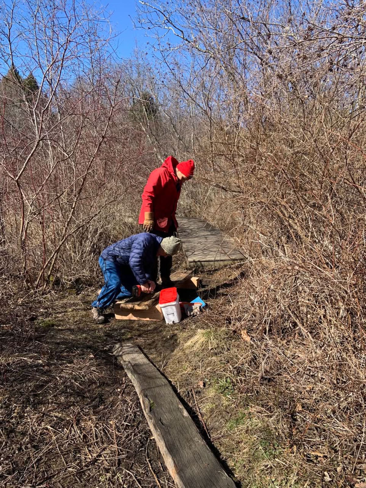 Workers repairing a boardwalk