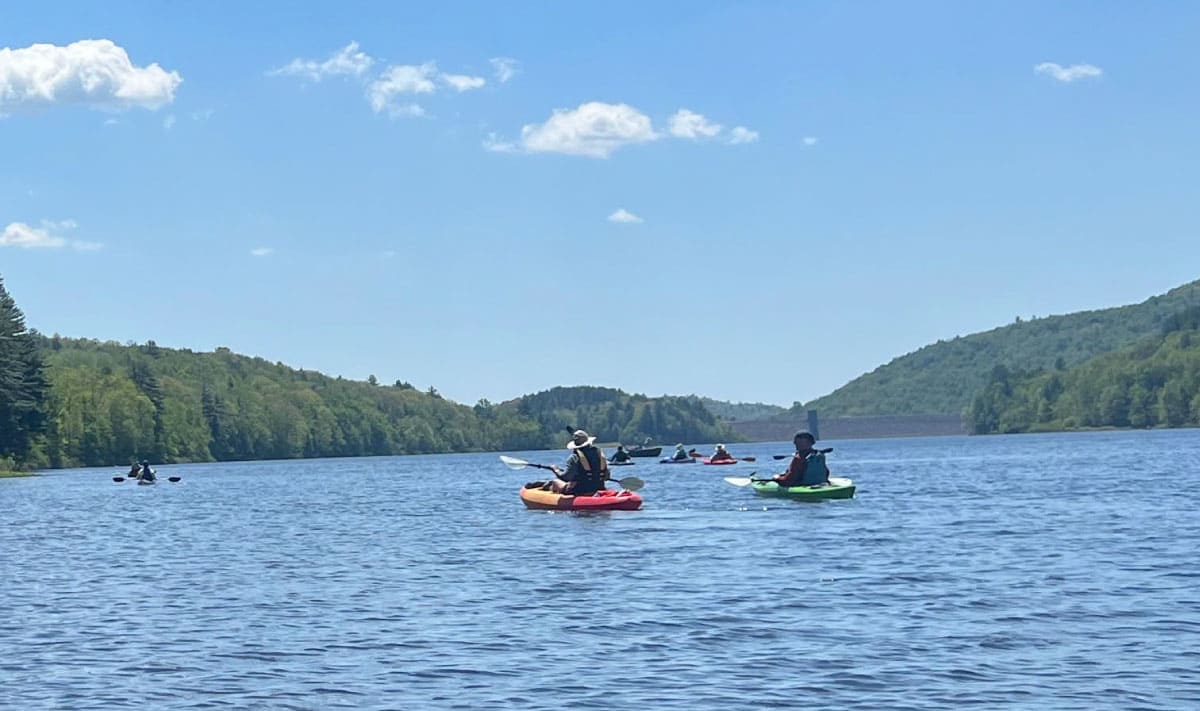 Kayakers on a quiet lake
