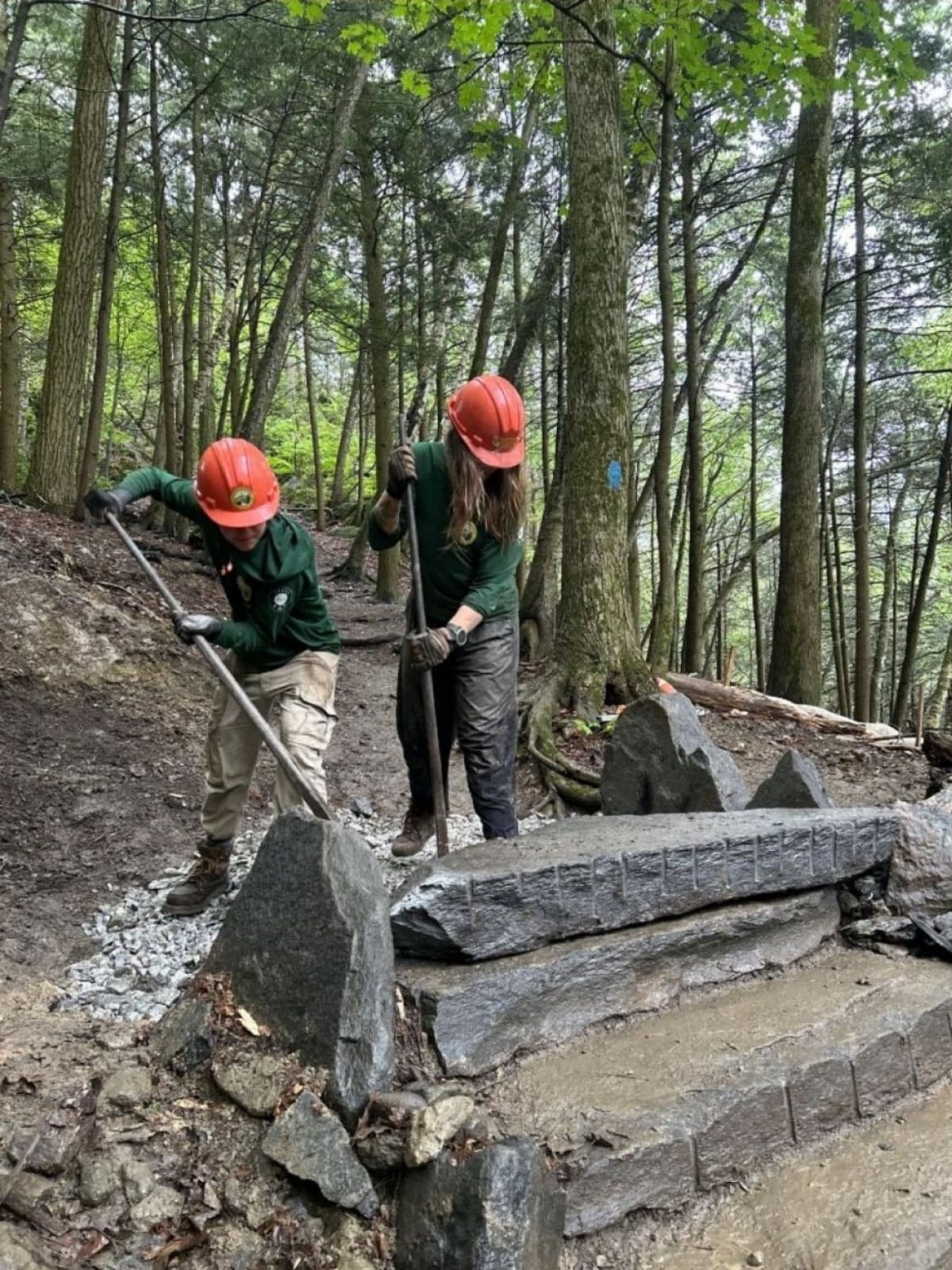Workers repairing a hiking trail