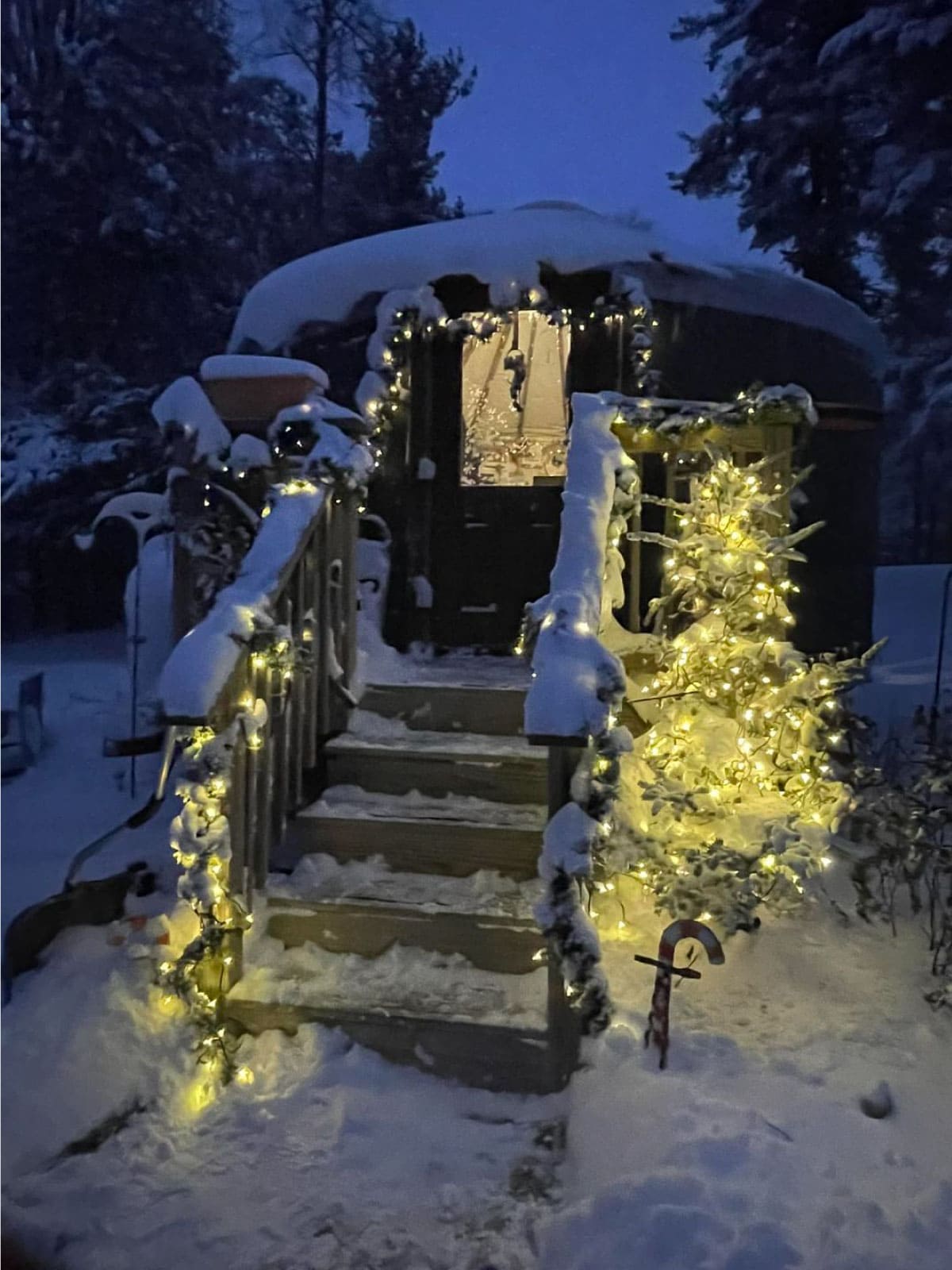 Holiday lights on a yurt