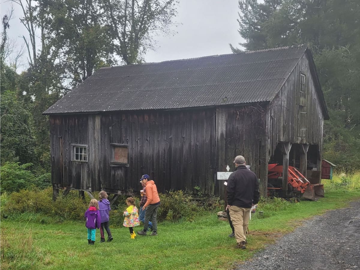 Festival goers walking past a barn