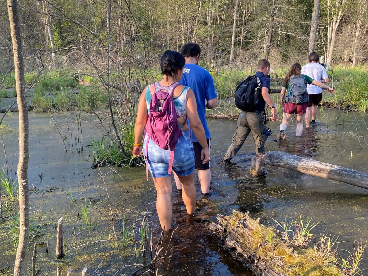 Hikers fording a stream