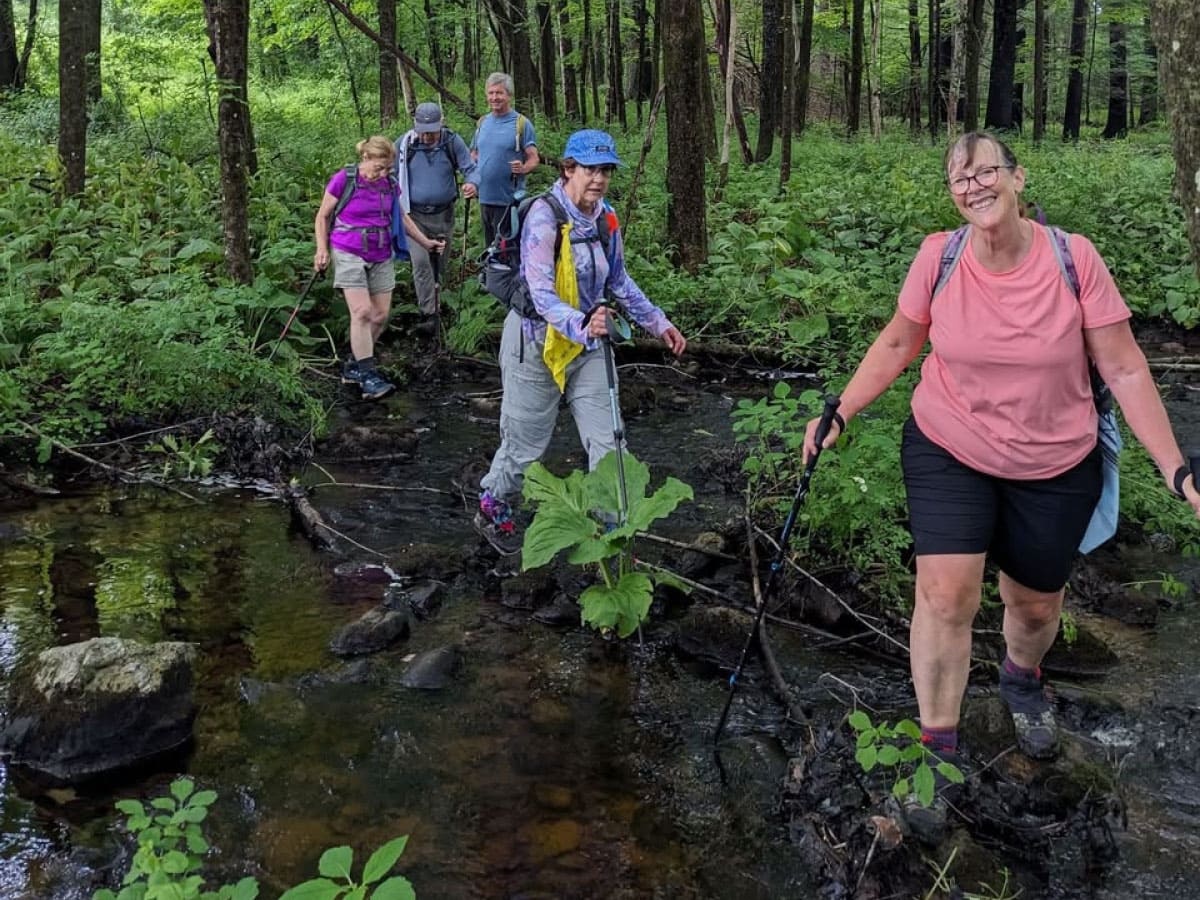 Hikers crossing a brook