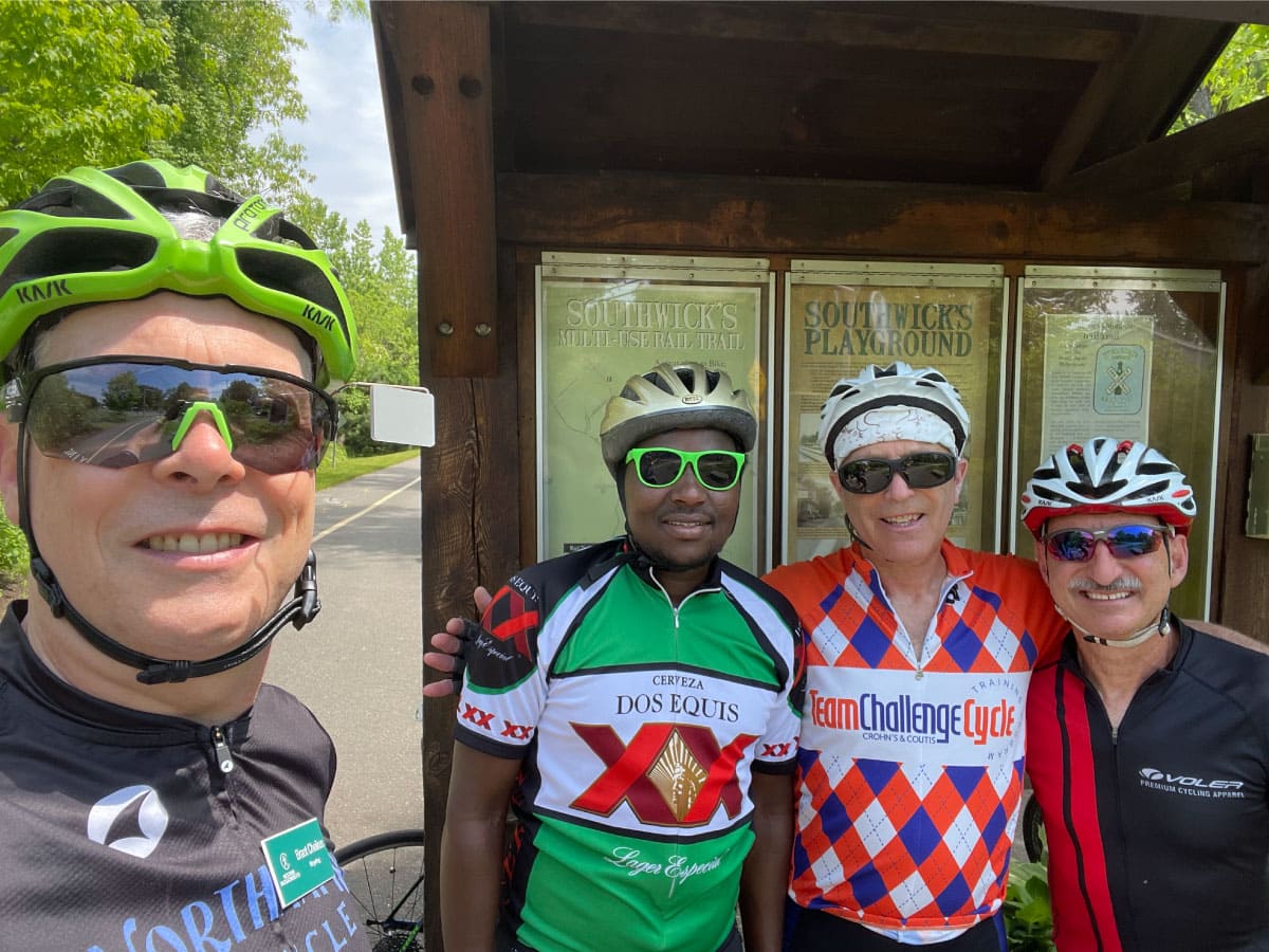 Cyclists pose for a photo op
